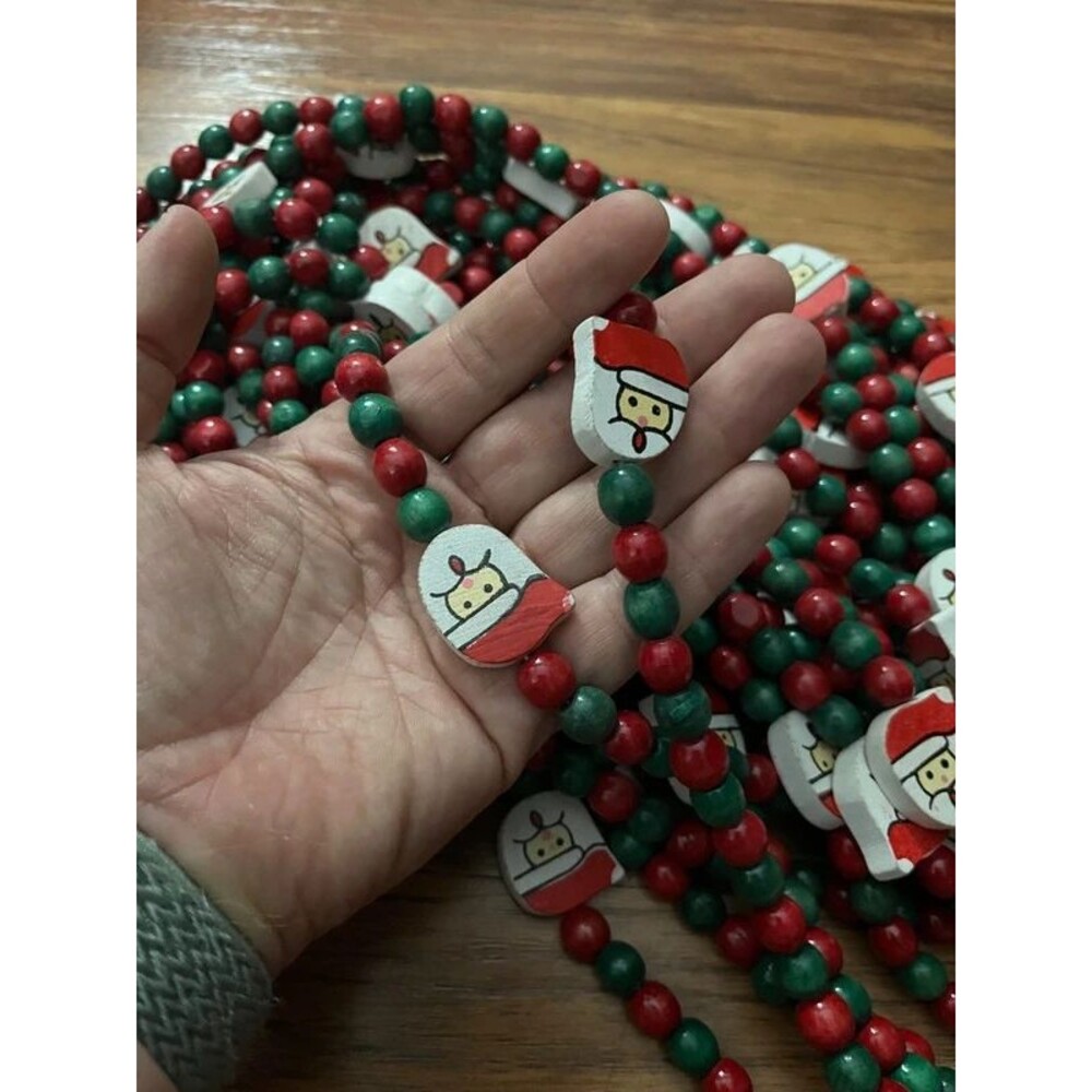 4 Strands Vintage Christmas Wooden Bead Garland with Santa Claus Faces 11 ft eac